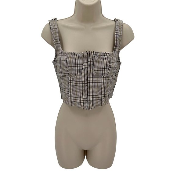 Full Tilt Tops - NWT Full Tilt Womens Cream Black Plaid Hook & Eye Closure Sleeveless Crop Top M